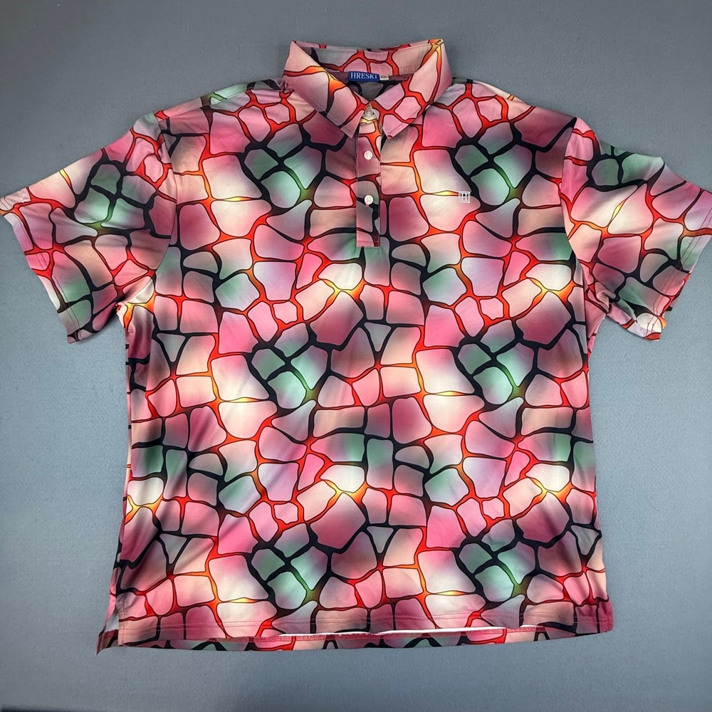 Hreski Polo Shirt Mens XXL Pink Mosaic Stained Glass Print Performance Golf Top